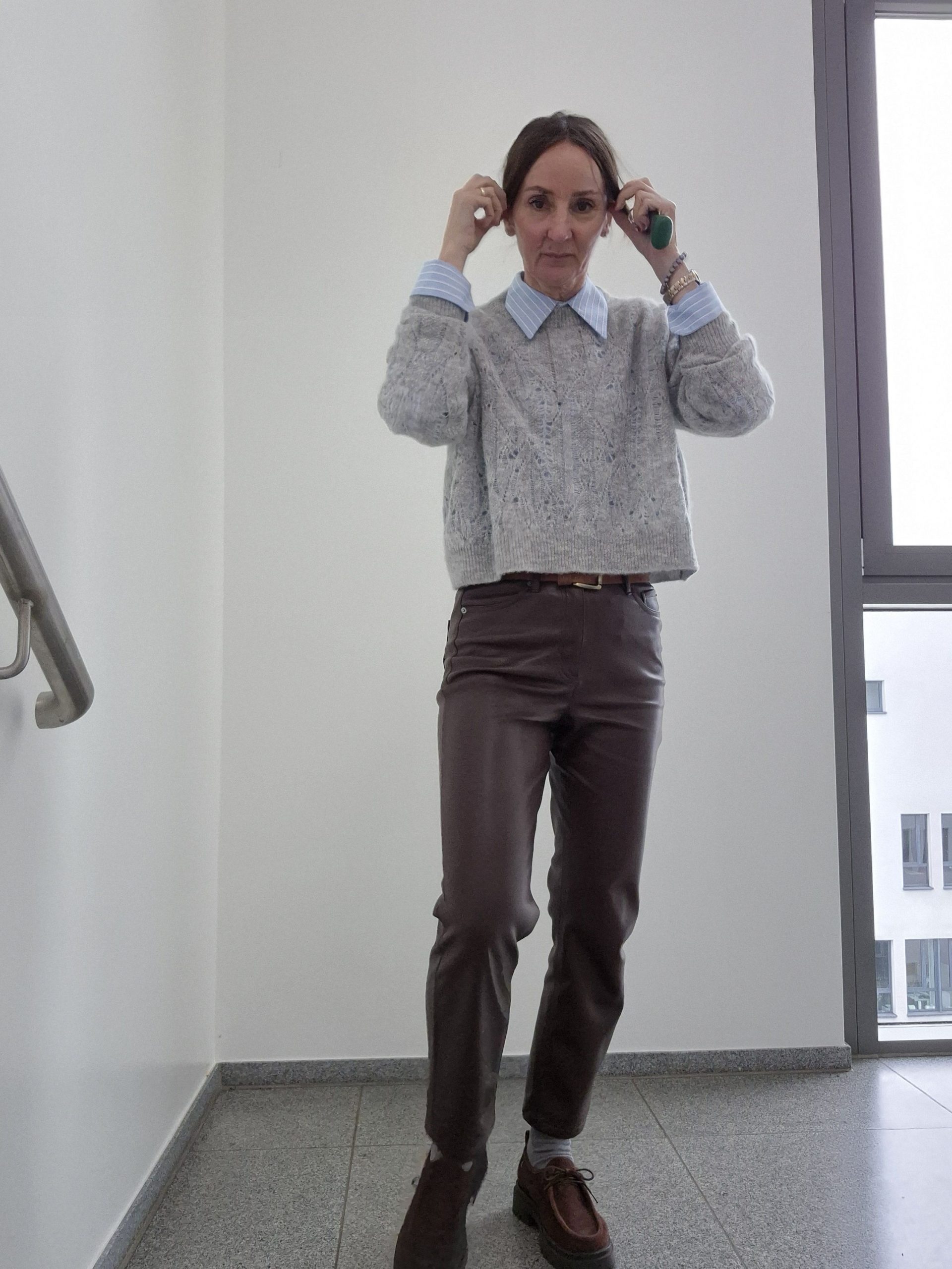 Brown Leather Pants with Blue Shirt, Grey Sweater, and Loafers — Leather Pants Outfits
