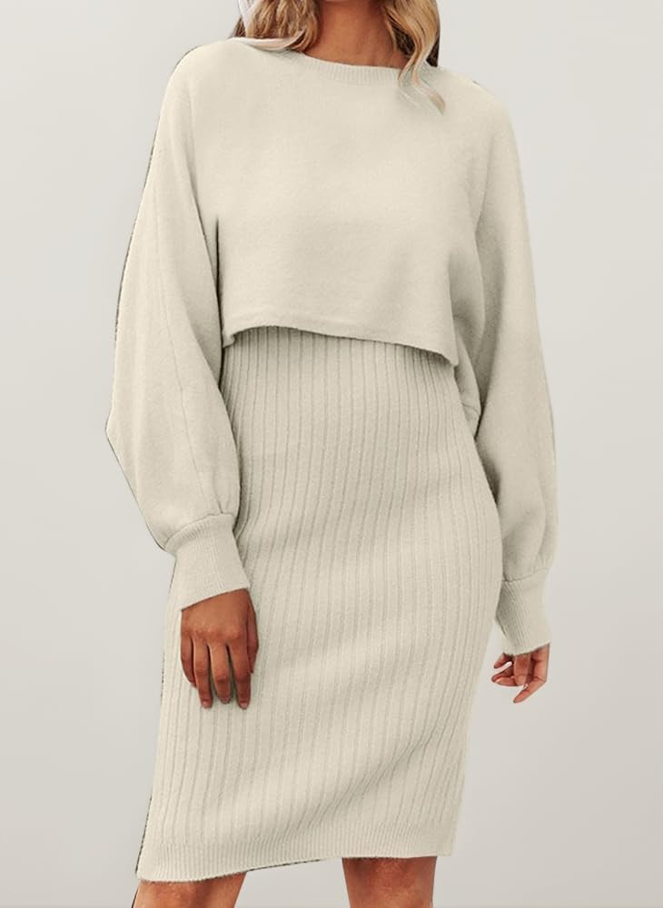 Cream Ribbed Dress Layered with Cropped Sweater — Sweater Dress Outfits