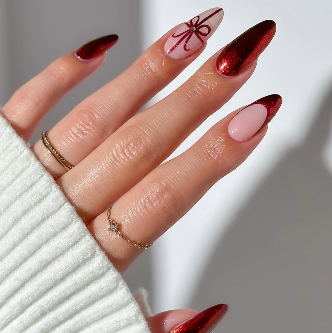 Metallic Red Stiletto Nails with Bow Metallic Red Stiletto Nails with Bow β Christmas Stiletto Nails 2026