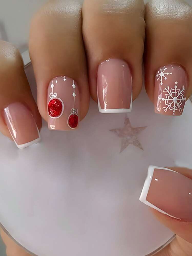 Sheer Pink French with Snowflake Decals Sheer Pink French with Snowflake Decals β Short Christmas Square Nails 2026