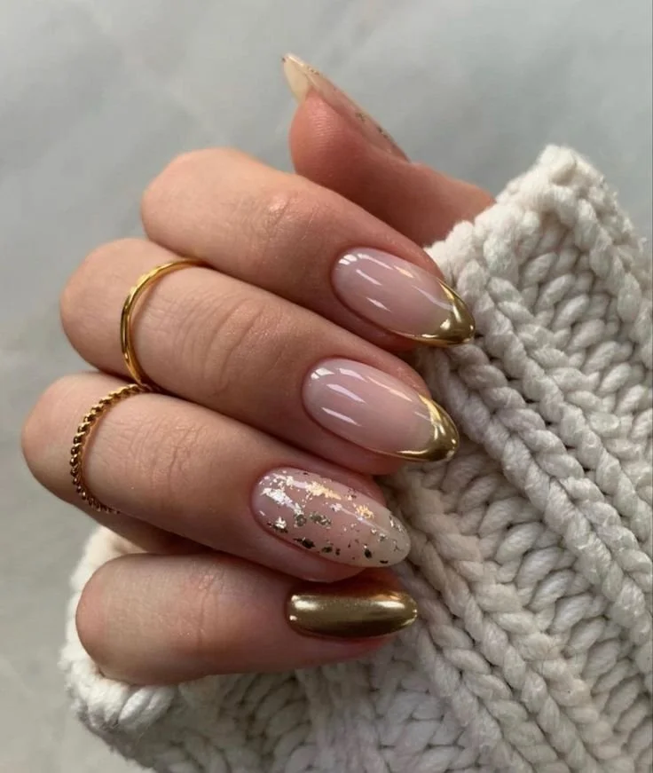 Sheer Pink with Gold Foil and French Tips Sheer Pink with Gold Foil and French Tips β Sparkly New Years Nails 2027