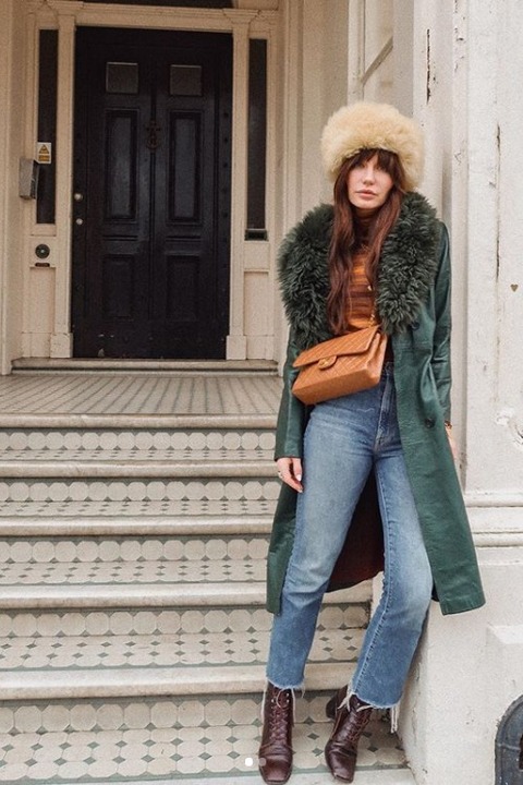 Casual Cream Fur Hat with Green Coat and Jeans — Fur Hat Outfits