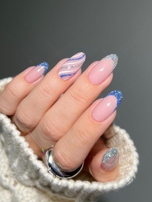 Glittery Blue Diagonal Stripe French Tips Glittery Blue Diagonal Stripe French Tips β Winter French Tip Nails