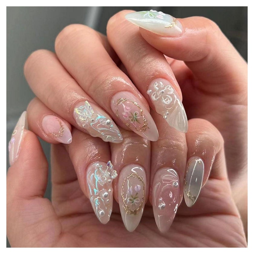 Long Almond with Iridescent Butterflies and Pearls Long Almond with Iridescent Butterflies and Pearls β Coquette Winter Nails