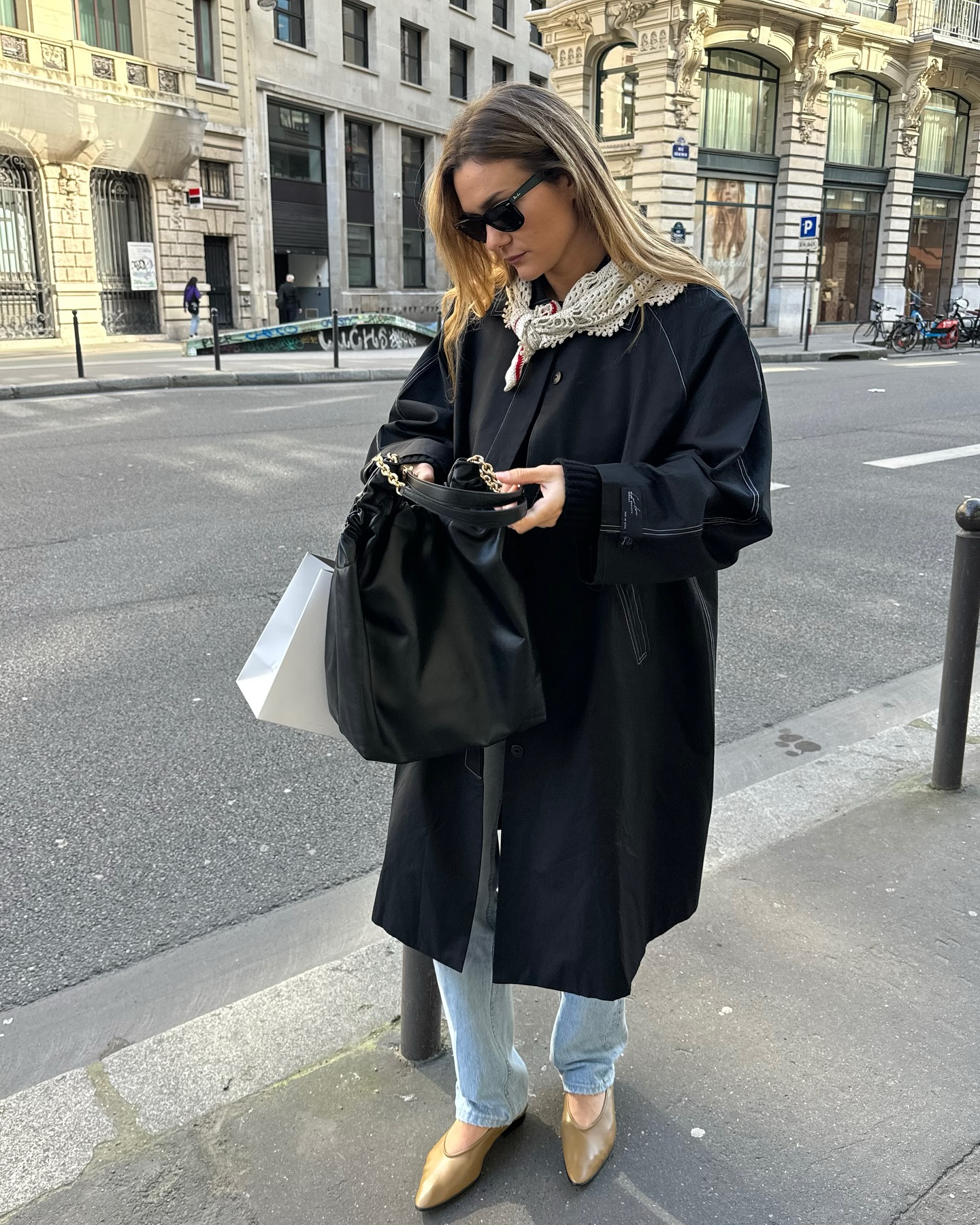 Black Car Coat with Contrast Stitching and Gold Flats — Car Coat Outfits