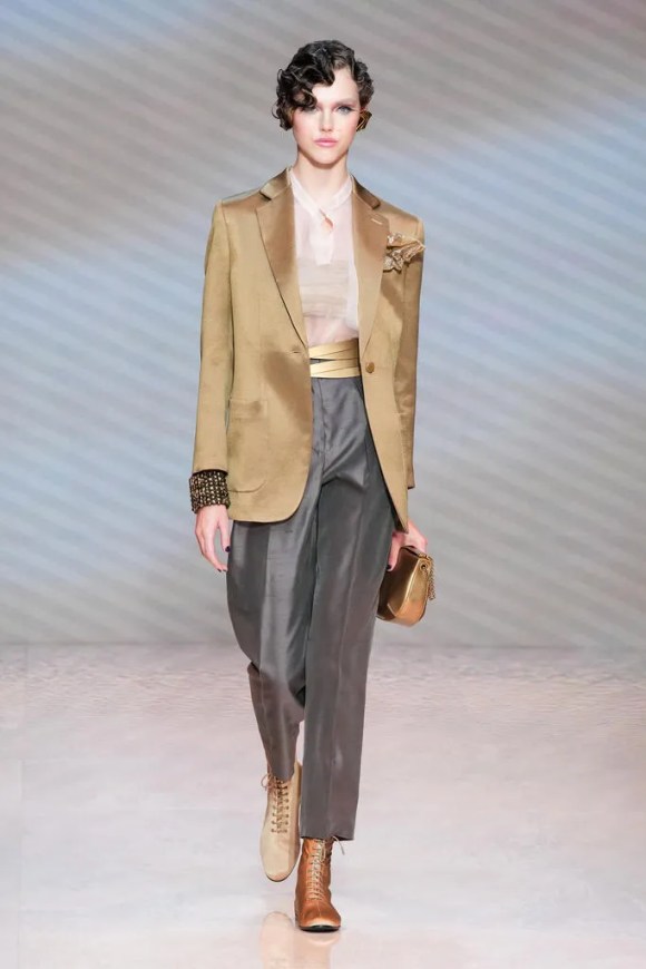 Glamorous Gold Blazer with Grey Trousers for Events Glamorous Gold Blazer with Grey Trousers for Events β Winter Outfits for Women Over 40