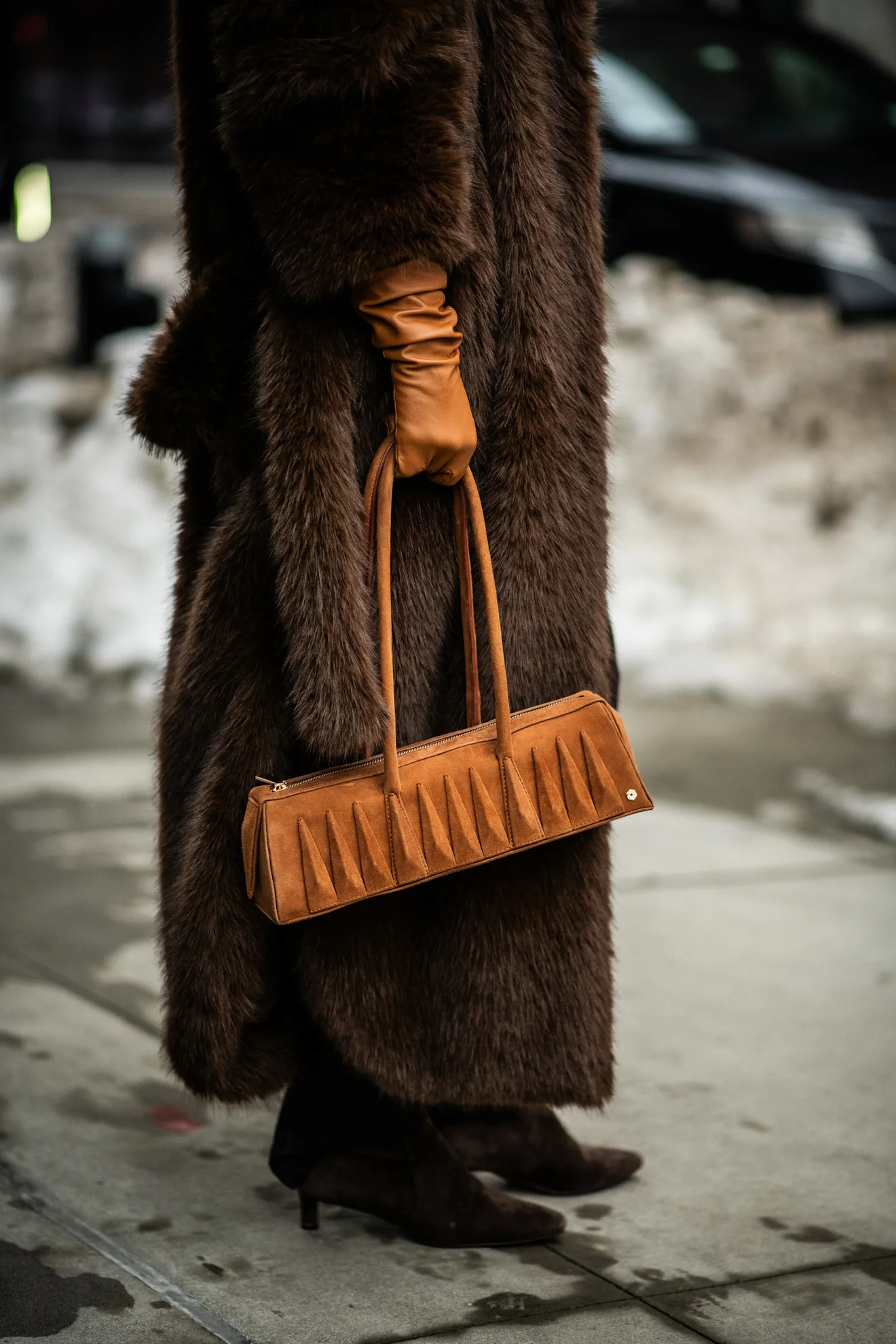 Sumptuous Brown Faux Fur Coat with Midi Skirt — NYC Winter Outfits
