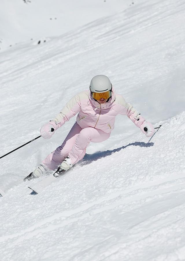Sporty Chic: Pink and White Ski Suit — Snow Day Outfits