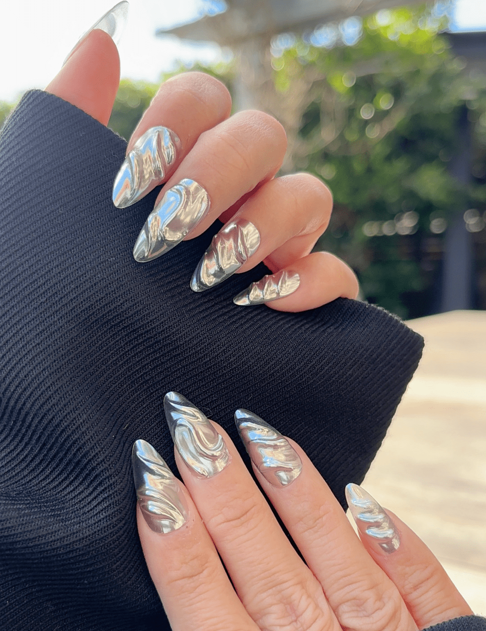 Clean Silver Chrome French Tips on Long Square Clean Silver Chrome French Tips on Long Square β Silver Chrome Nails