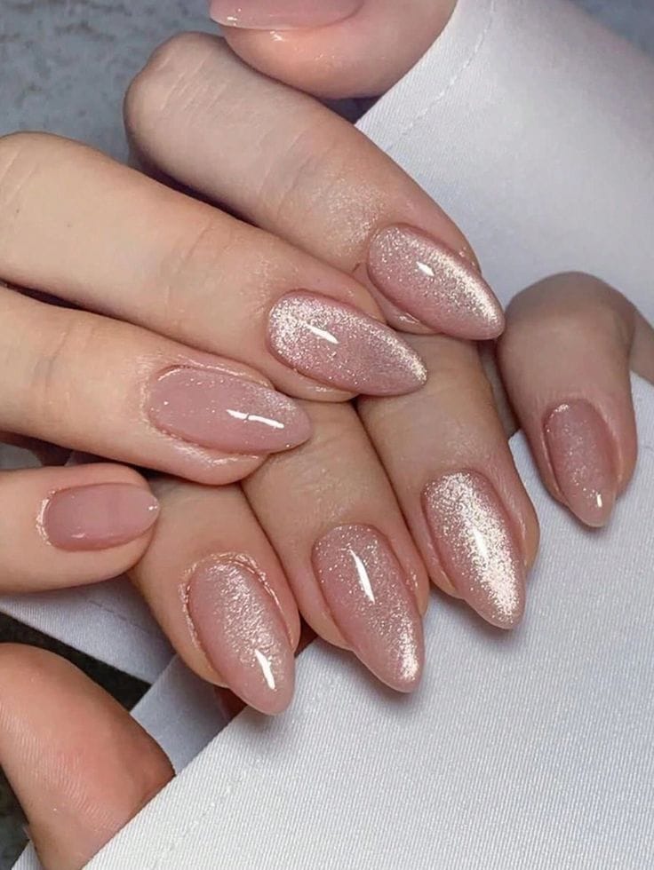 Nude Pink Glitter Almond Nails — Aesthetic Winter Nails