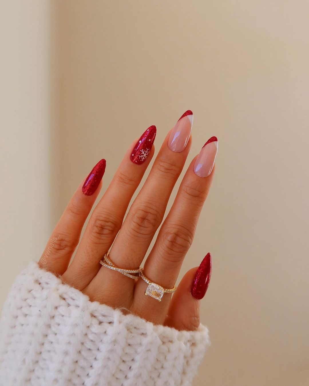 Sparkling Red Glitter and Snowflake French Almonds Sparkling Red Glitter and Snowflake French Almonds β Christmas Nails 2026