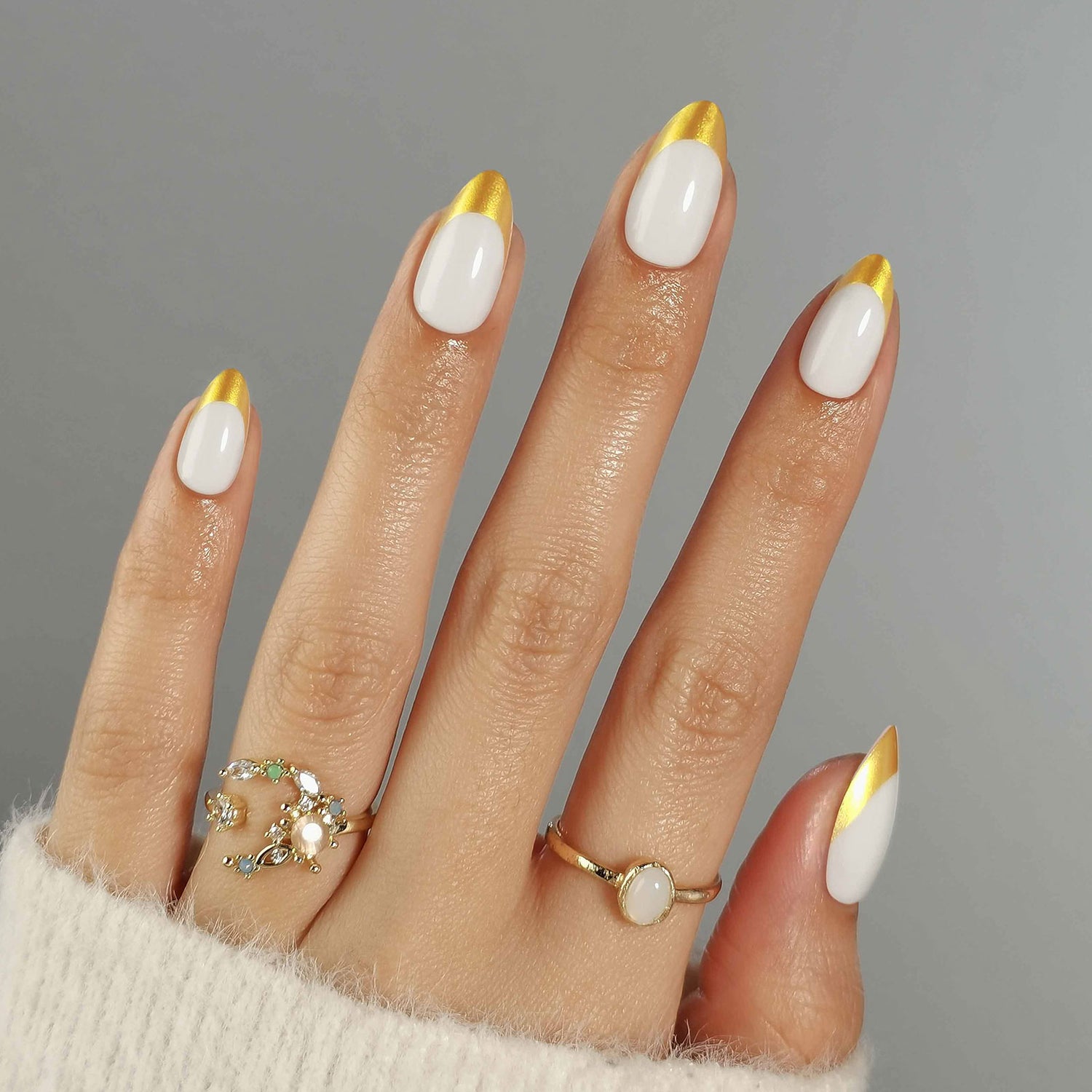 White Glossy with Gold French Tips White Glossy with Gold French Tips β New Years Dip Powder Nails 2027