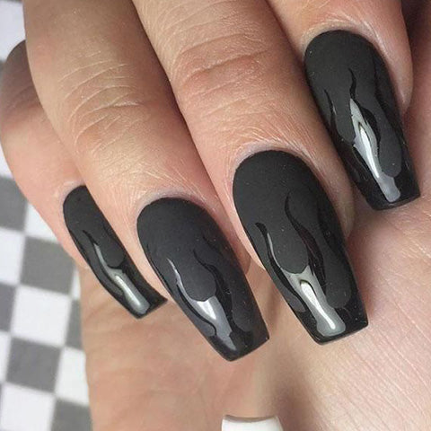 Matte Black with Glossy Black Flames — Winter Black Nails