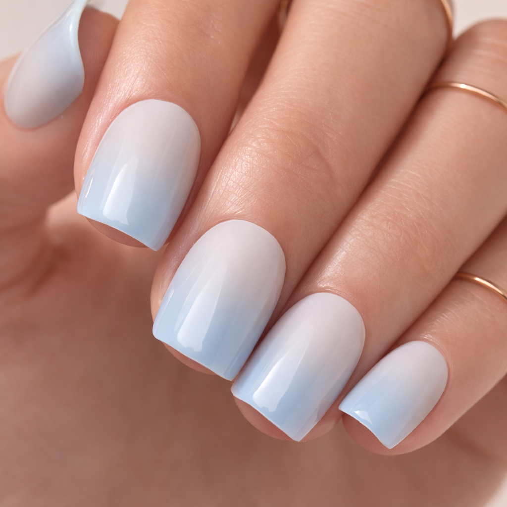 White to Light Blue Gradient Square Nails — Short Winter Gel Nails