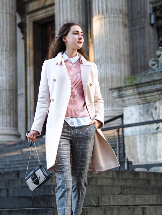 Pale Pink Coat over White Shirt and Knit Pale Pink Coat over White Shirt and Knit β Warm Winter Outfits