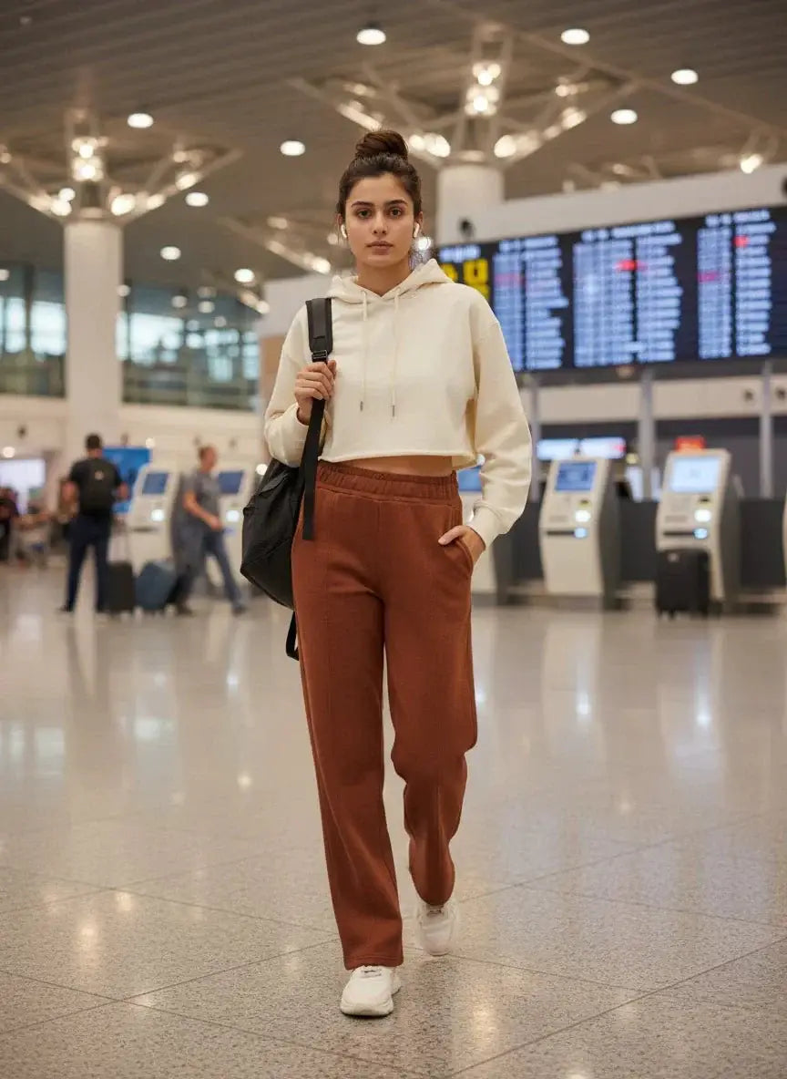 Cropped Hoodie and Wide-Leg Pants for Comfortable Airport Travel — Winter Travel Outfits