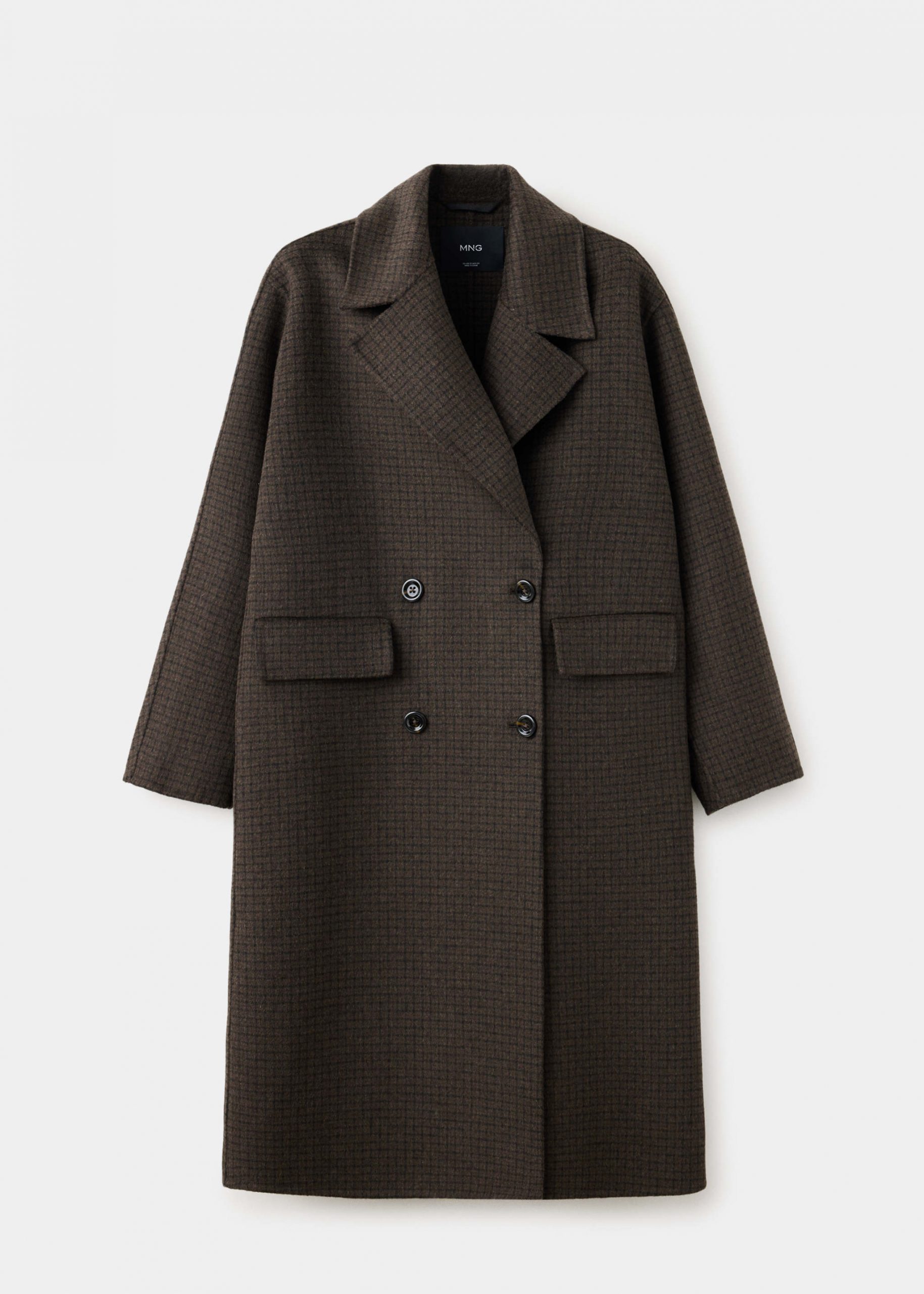 Brown Double-Breasted Coat with Subtle Check Pattern — Winter Coats for Women