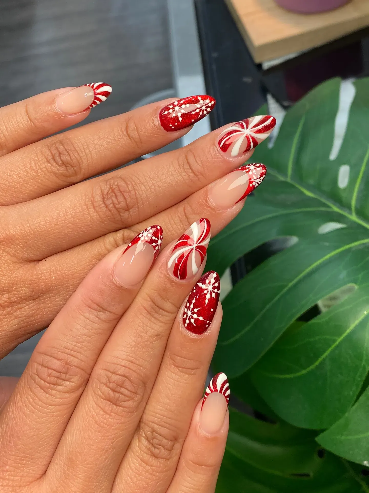 Long Almond Candy Cane & Snowflake Nails — Christmas Nail Designs 2026