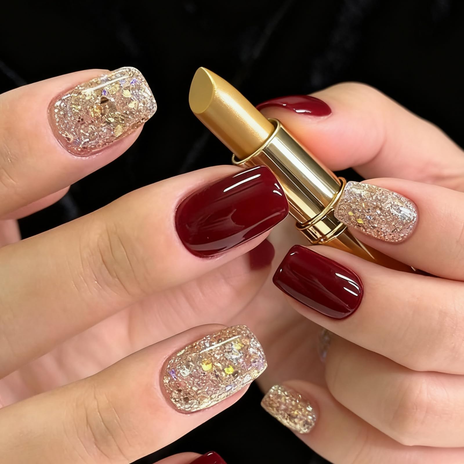 Deep Red and Gold Glitter Festive Nails Deep Red and Gold Glitter Festive Nails β Short Winter Round Nails
