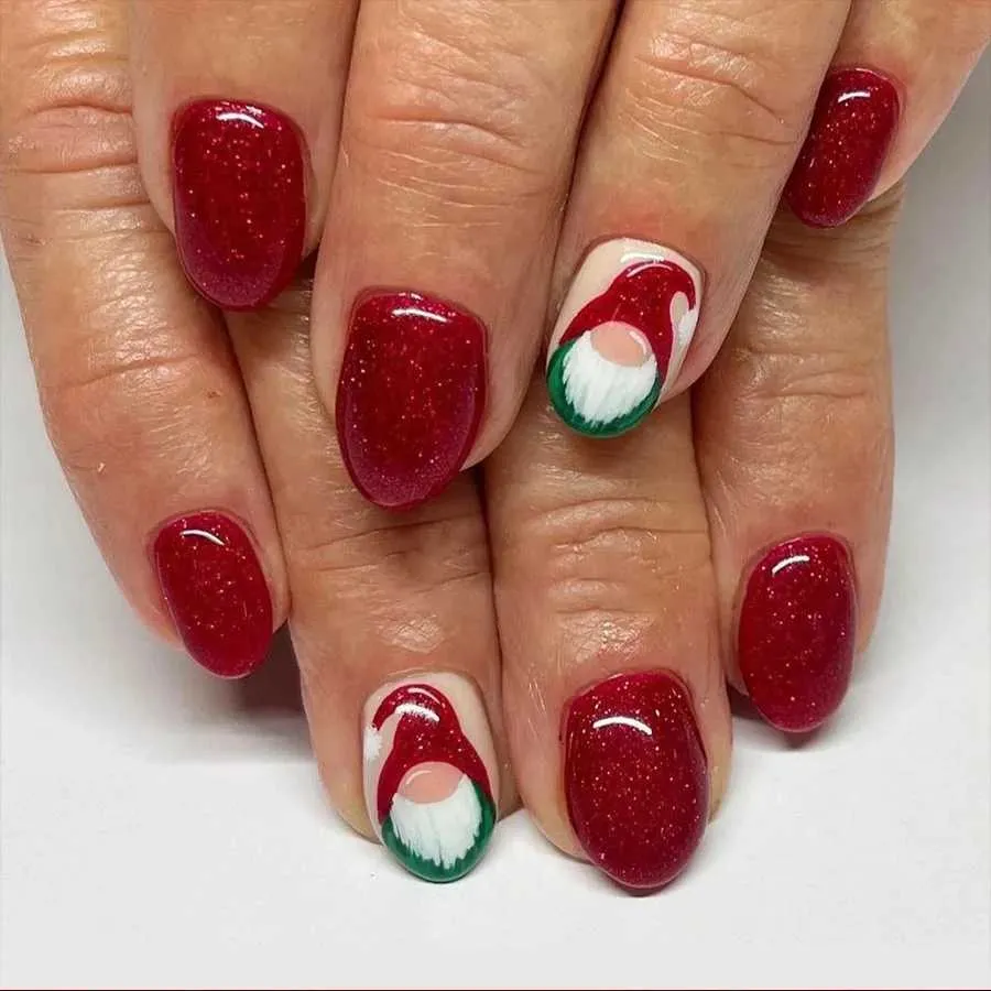 Short Oval Glitter Red with Gnome Art Short Oval Glitter Red with Gnome Art β Christmas Oval Nails 2026