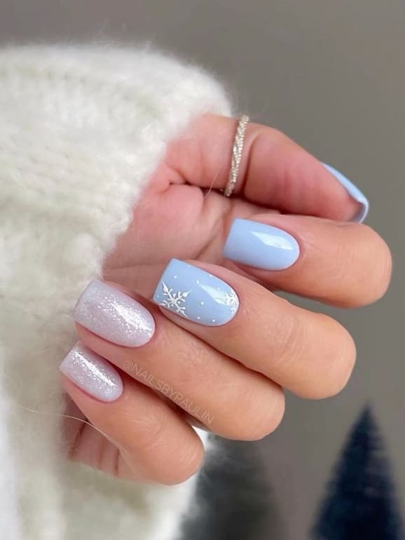 Light Blue with Snowflake Art and Glitter — Winter Nail Colors for Short Nails