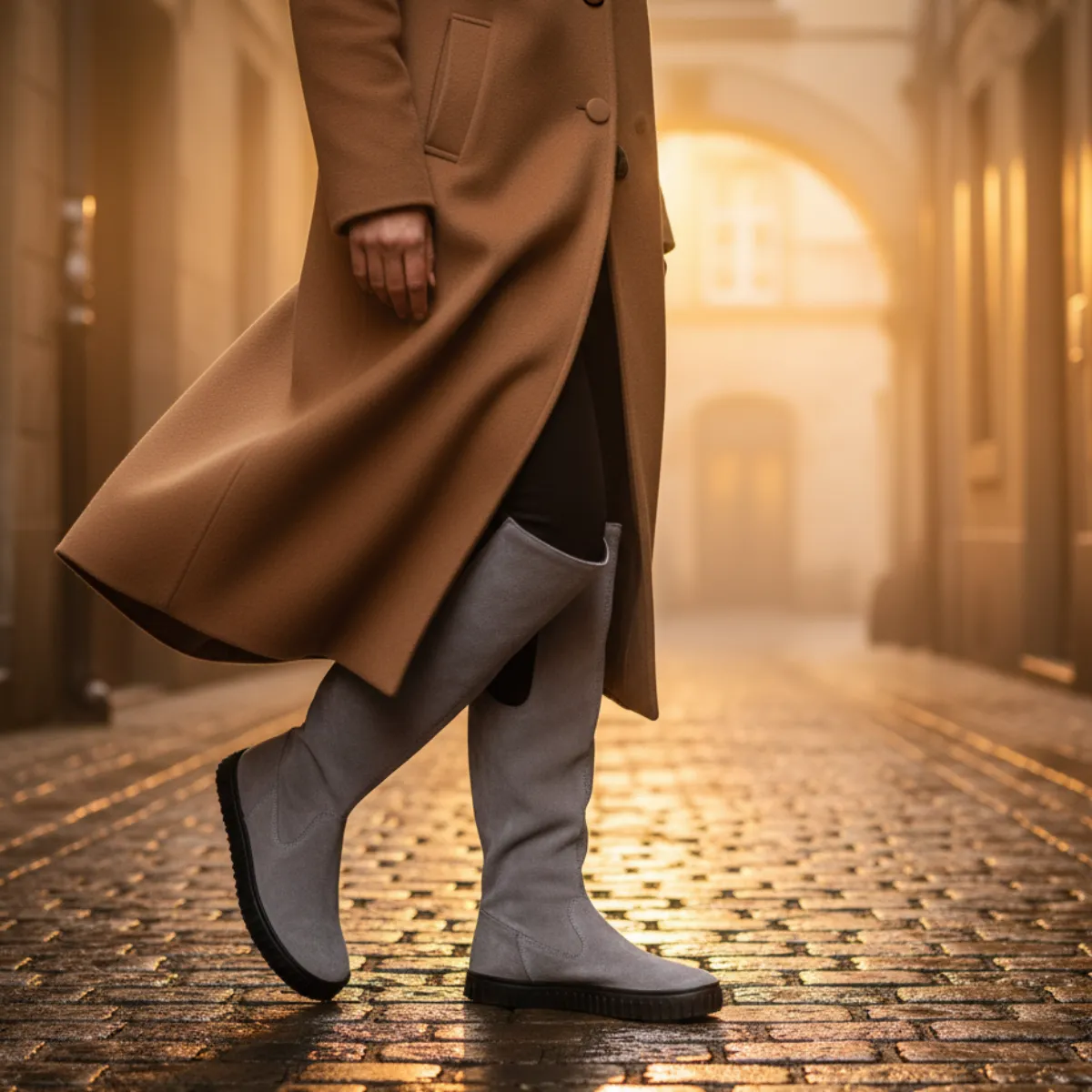 Statement Footwear: Grey Suede Boots with Camel Coat — Late Winter Outfits