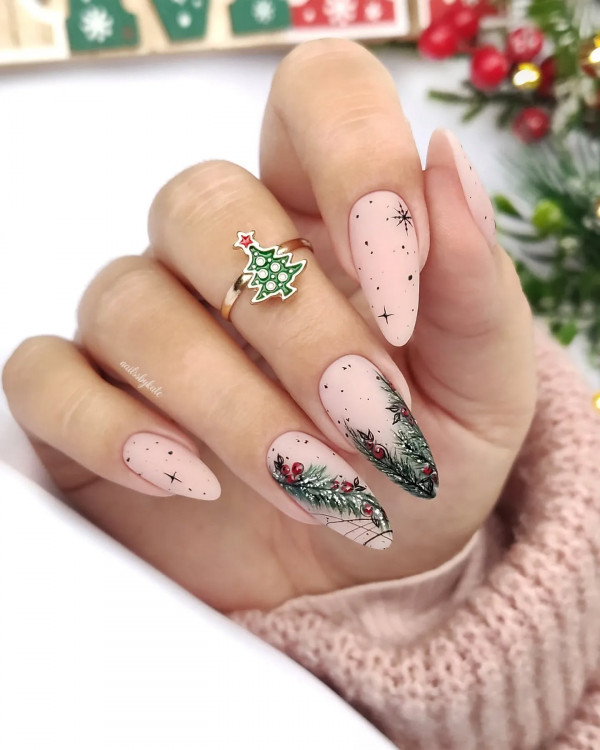 Matte Pink with Evergreen Branches — Cute Winter Nails