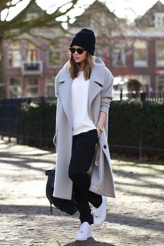 Elegant Grey Wool Coat with White Sneakers — Cold Weather Outfits
