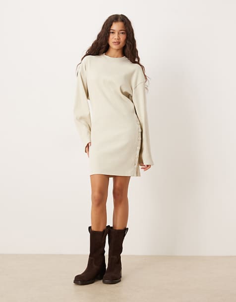 Cream Mini Dress with Suede Boots and Side Button Detail Cream Mini Dress with Suede Boots and Side Button Detail β Winter Dress Outfits