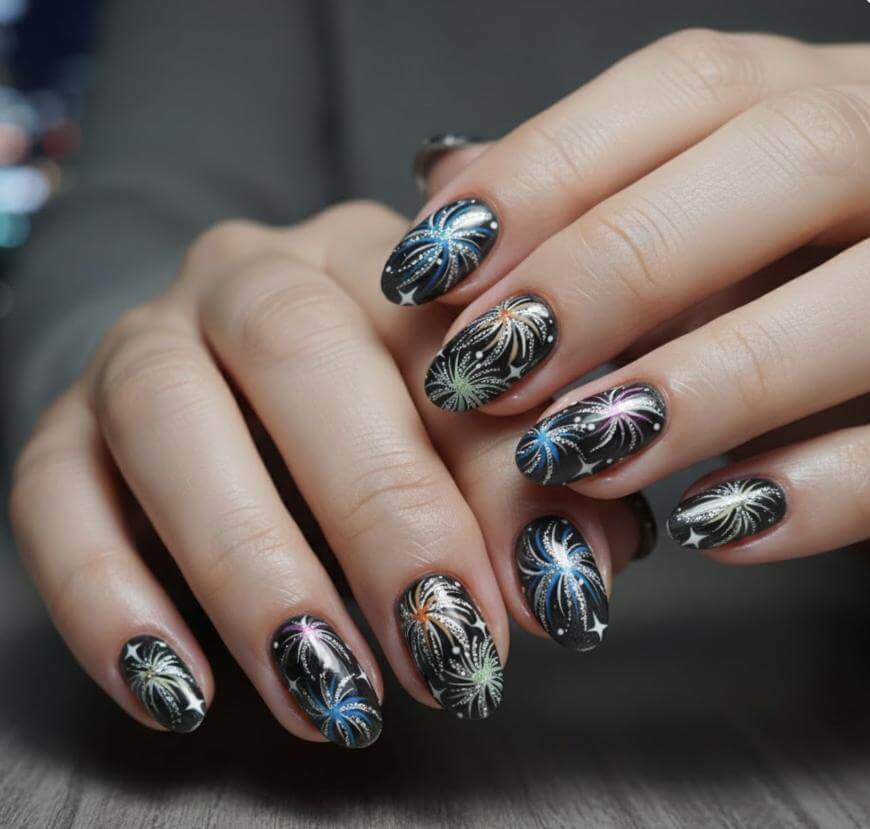 Black Base with Multi-Colored Firework Art Black Base with Multi-Colored Firework Art β New Years Eve Nails 2027