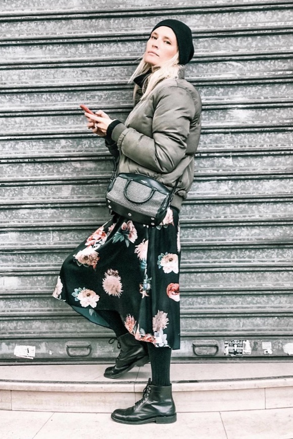 Khaki Cropped Puffer Jacket Over Floral Midi Dress — Winter Puffer Jacket Outfits