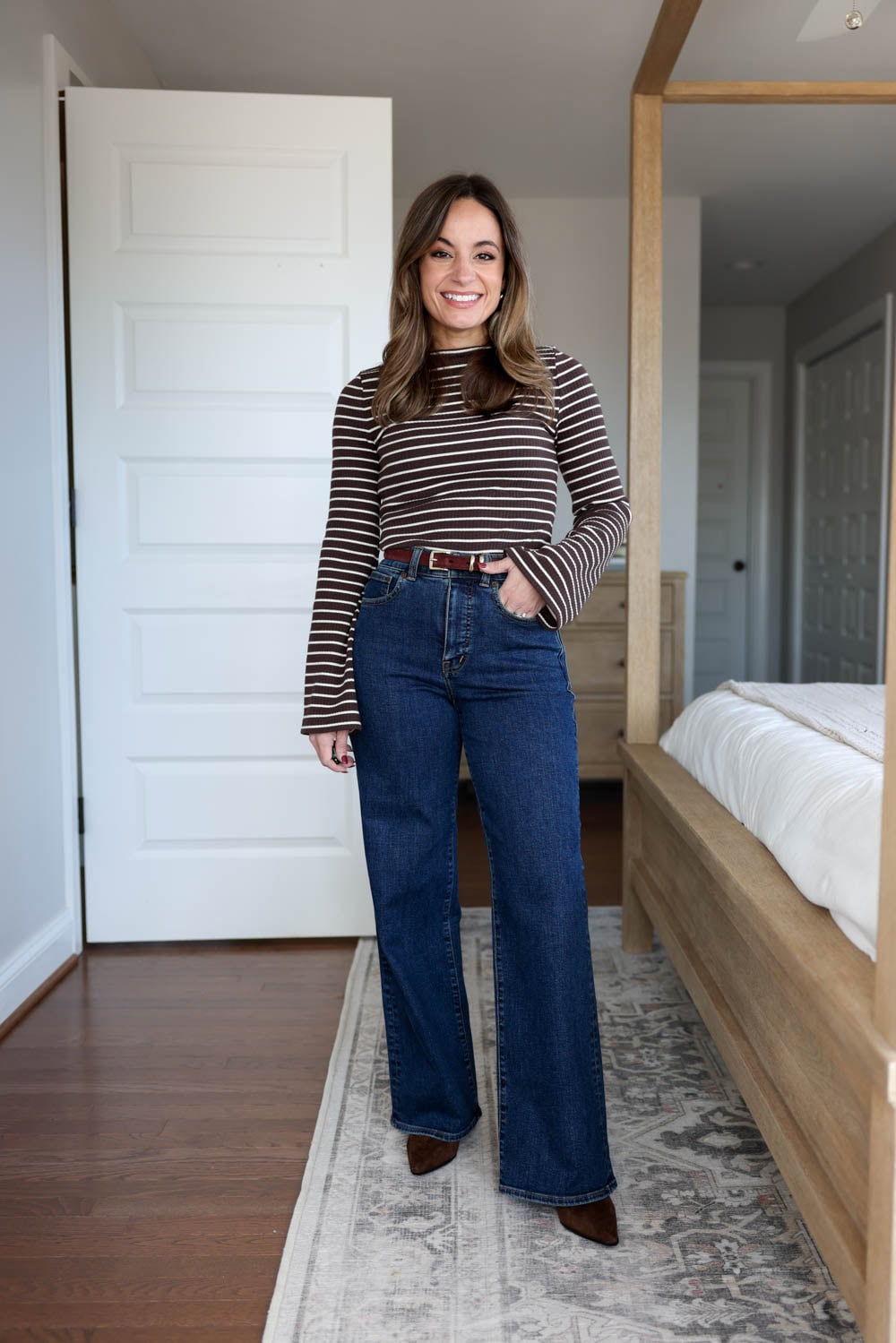 Classic Stripes: Mock Neck Top and Wide Leg Jeans — Winter Outfits with Wide Leg Jeans