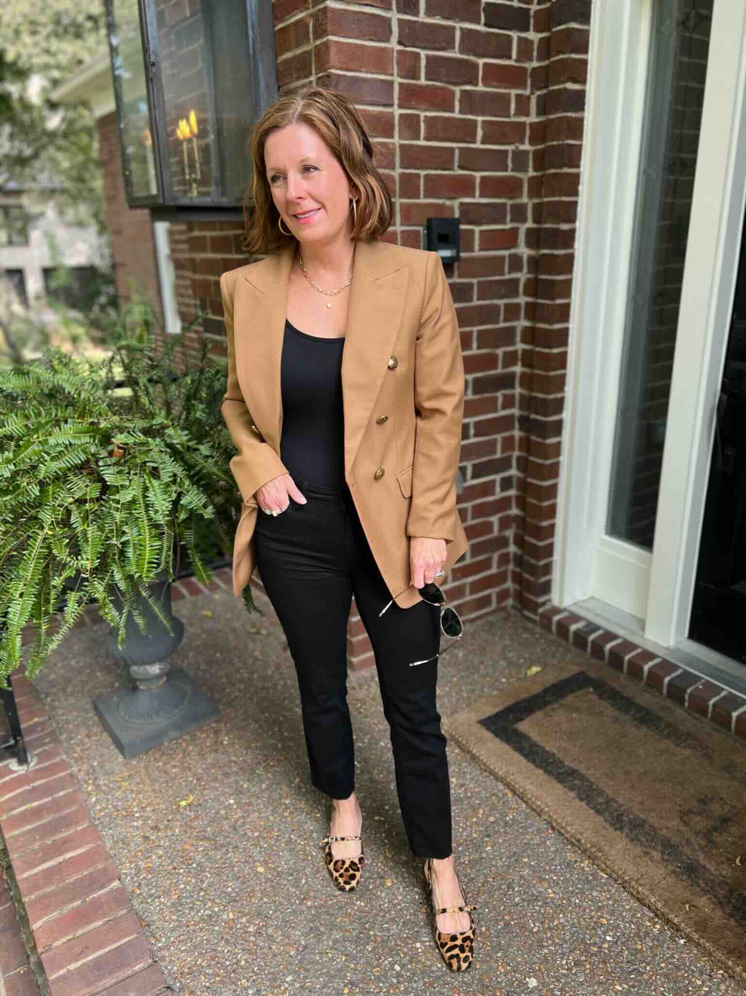 Camel Blazer with Leopard Flats and Straight-Leg Pants Camel Blazer with Leopard Flats and Straight-Leg Pants β Winter Outfits for Petite Women