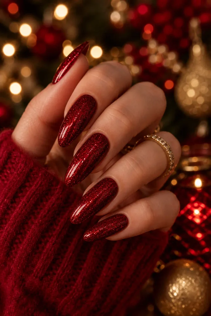 Reflective Deep Red Shimmer Stilettos Reflective Deep Red Shimmer Stilettos β Red and Gold Christmas Nails 2026