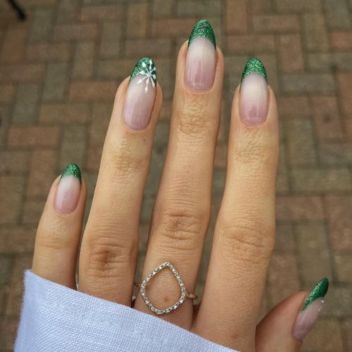 Glossy Sheer Pink Glitter Green French Tips with Snowflake Glossy Sheer Pink Glitter Green French Tips with Snowflake β Medium Christmas Nails 2026