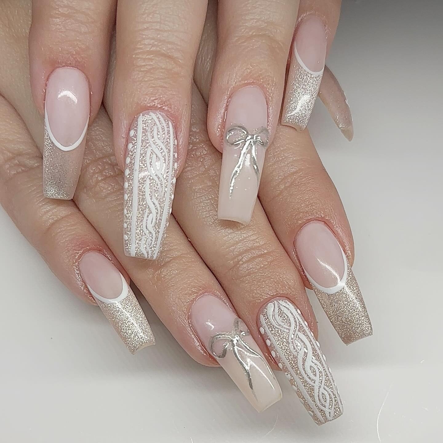 Nude Base White Cable Knit Silver Bow Coffin Nails Nude Base White Cable Knit Silver Bow Coffin Nails β Long Winter Coffin Nails