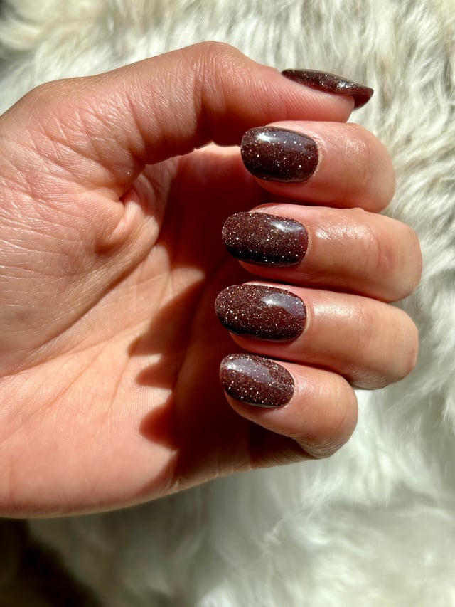 Rich Dark Brown Fine Glitter Short Oval Nails — Chocolate Brown Nails