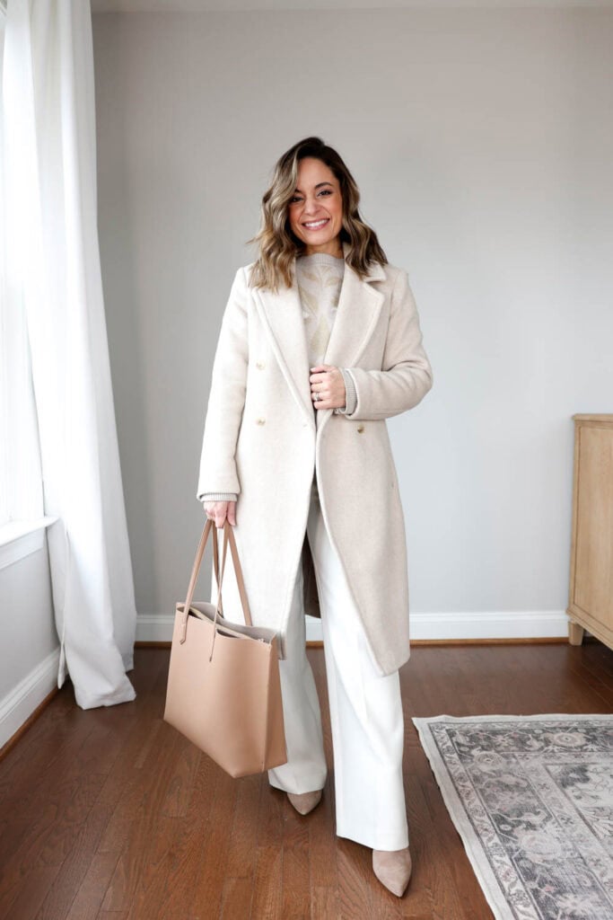 Work-Ready Cream Coat Over Cable Knit — Winter White Outfits