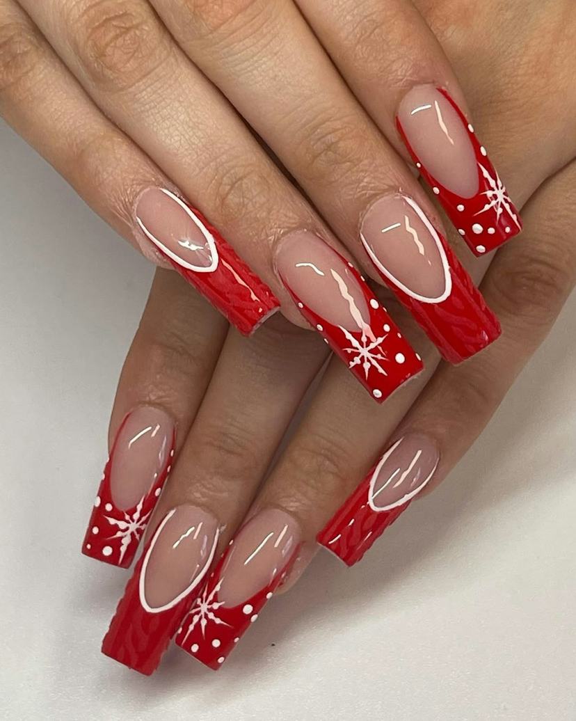 Extra Long Square Red French with Snowflakes Extra Long Square Red French with Snowflakes β Christmas Gel X Nails 2026