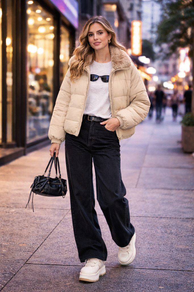Puffer Jacket with Fur Collar, Graphic Tee, and Wide-Leg Jeans Puffer Jacket with Fur Collar, Graphic Tee, and Wide-Leg Jeans β Y2K Winter Outfits