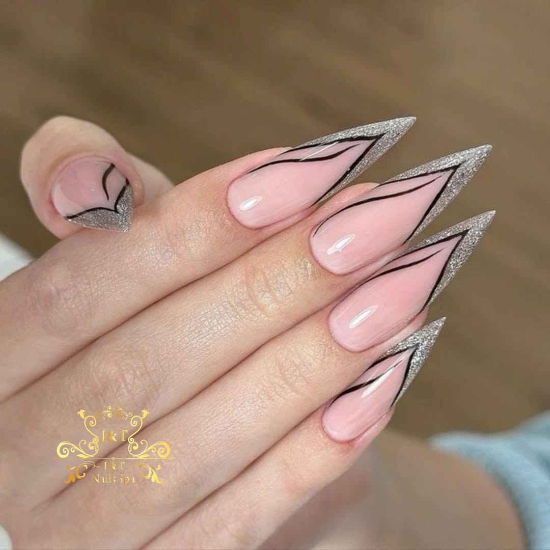 Geometric Line Silver Glitter Stiletto Nails Geometric Line Silver Glitter Stiletto Nails β Winter Stiletto Nails