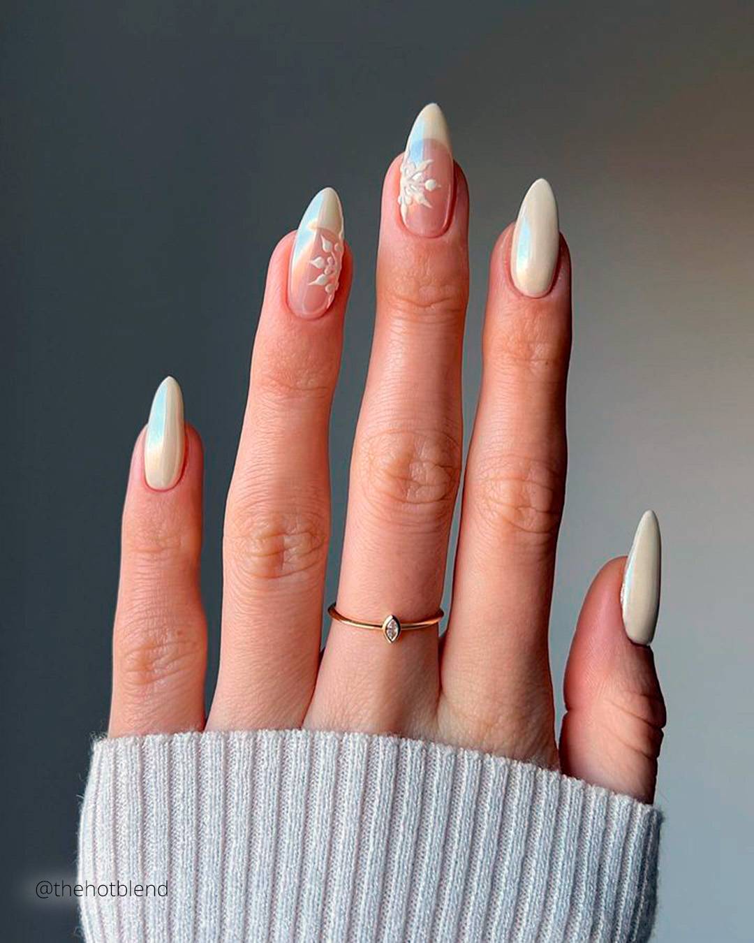 Sheer Nude with White Floral Appliqué — Winter Date Night Nails