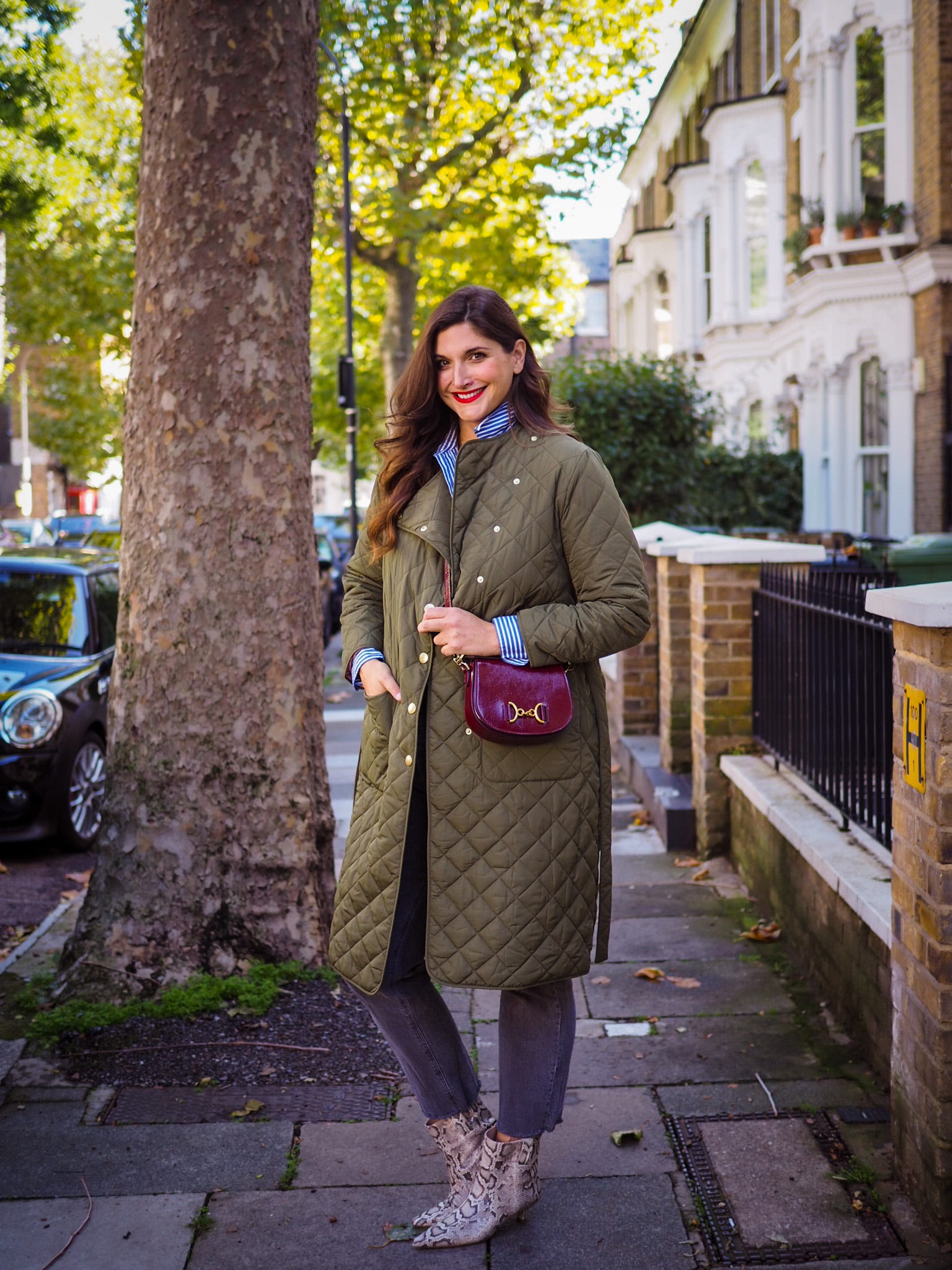 Olive Green Coat and Snake Print Boots: Casual Winter Edge — London Winter Outfits