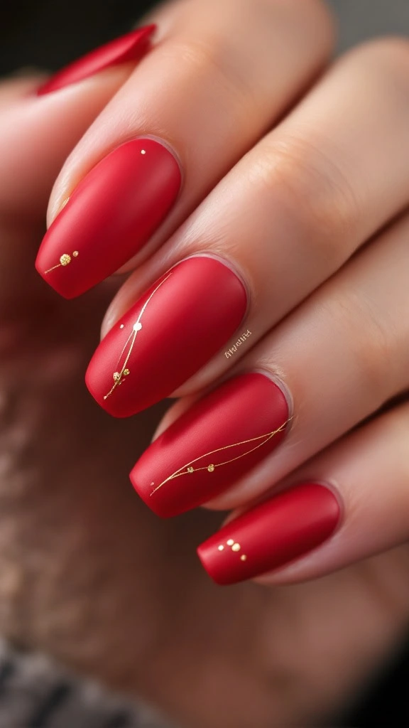 Matte Red Gold Line Dots — Simple Winter Nails