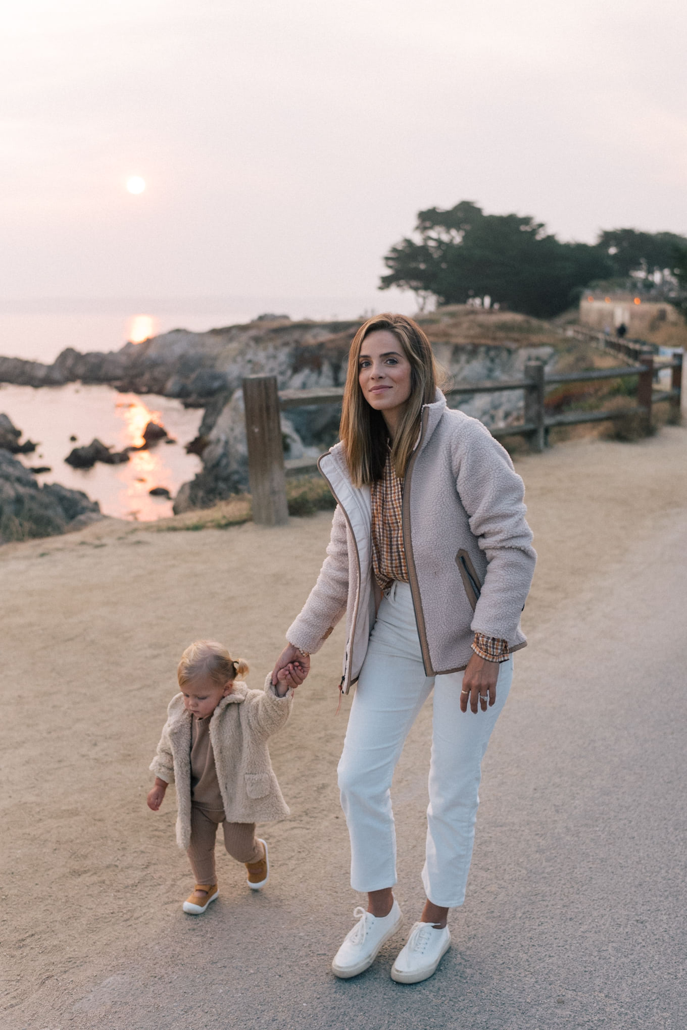 Cream Fleece Over Plaid Shirt and White Jeans — Fleece Jacket Outfits