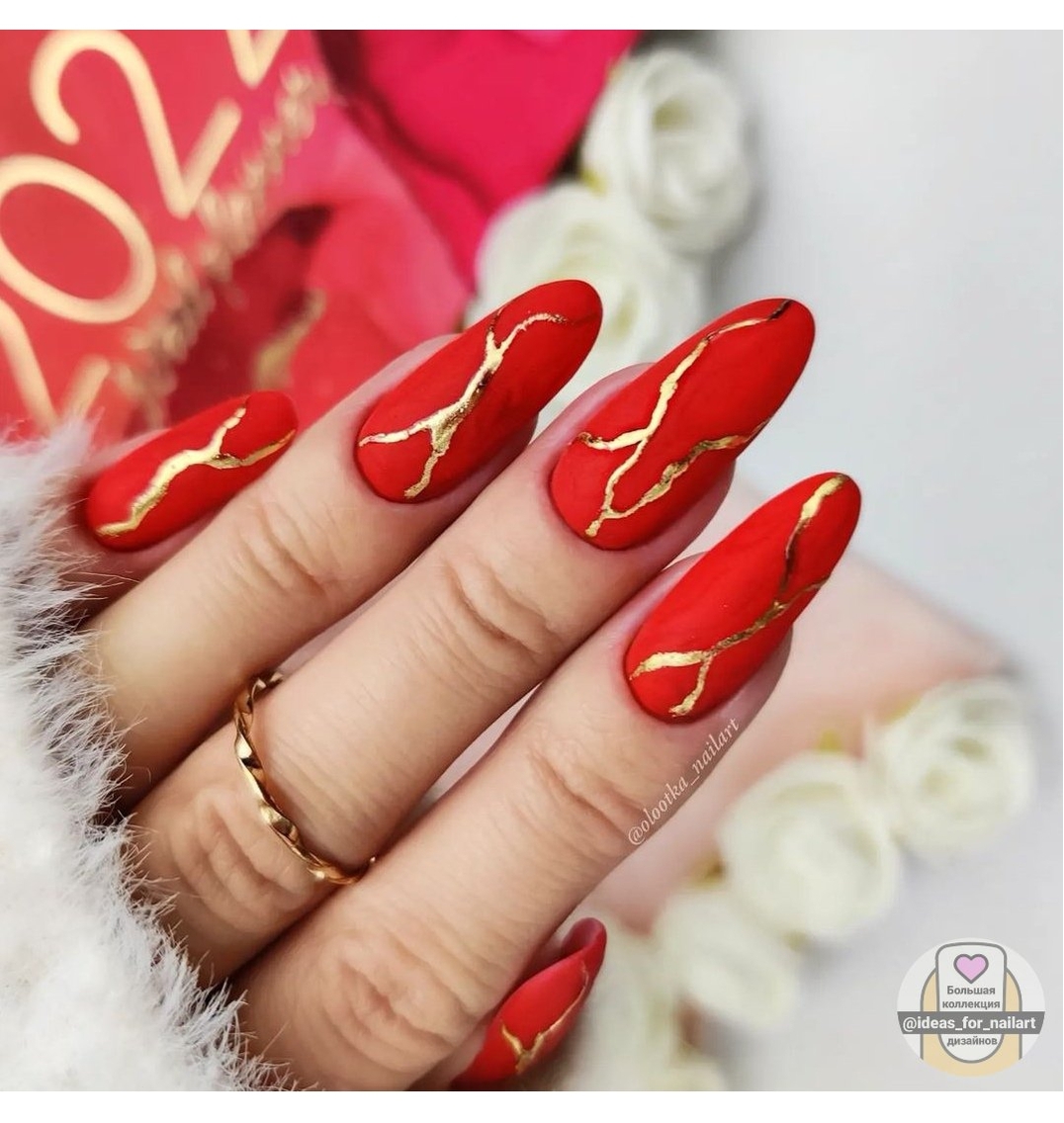 Matte Red with Cracked Gold Foil — Winter Red Nails