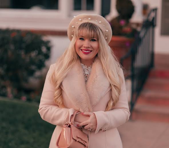 Pale Pink Wool Coat with Faux Fur Collar and Pearl Embellishments — Neutral Winter Outfits