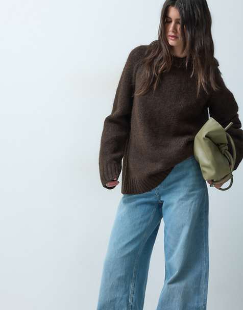 Brown Knit Sweater With Light Blue Wide-Leg Jeans Brown Knit Sweater With Light Blue Wide-Leg Jeans β Sweater Outfits