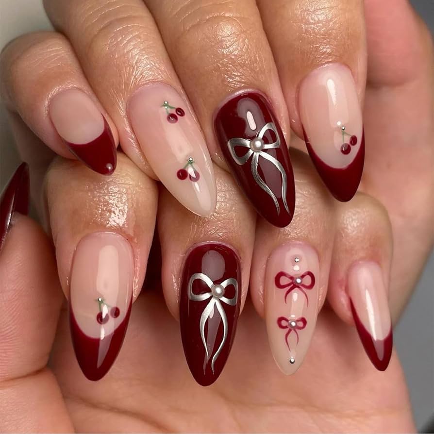 Dark Red French with Cherry and Bow Art Dark Red French with Cherry and Bow Art β New Years Almond Nails 2027