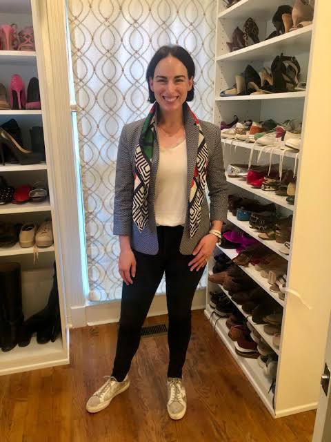 Geometric Silk Scarf with a Patterned Blazer — Scarf Outfits